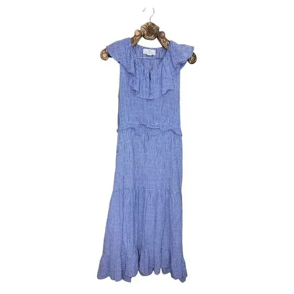 Bird of Paradis Dress Blue White Cotton Gingham Ruffle Midi Pockets Waist Tie S